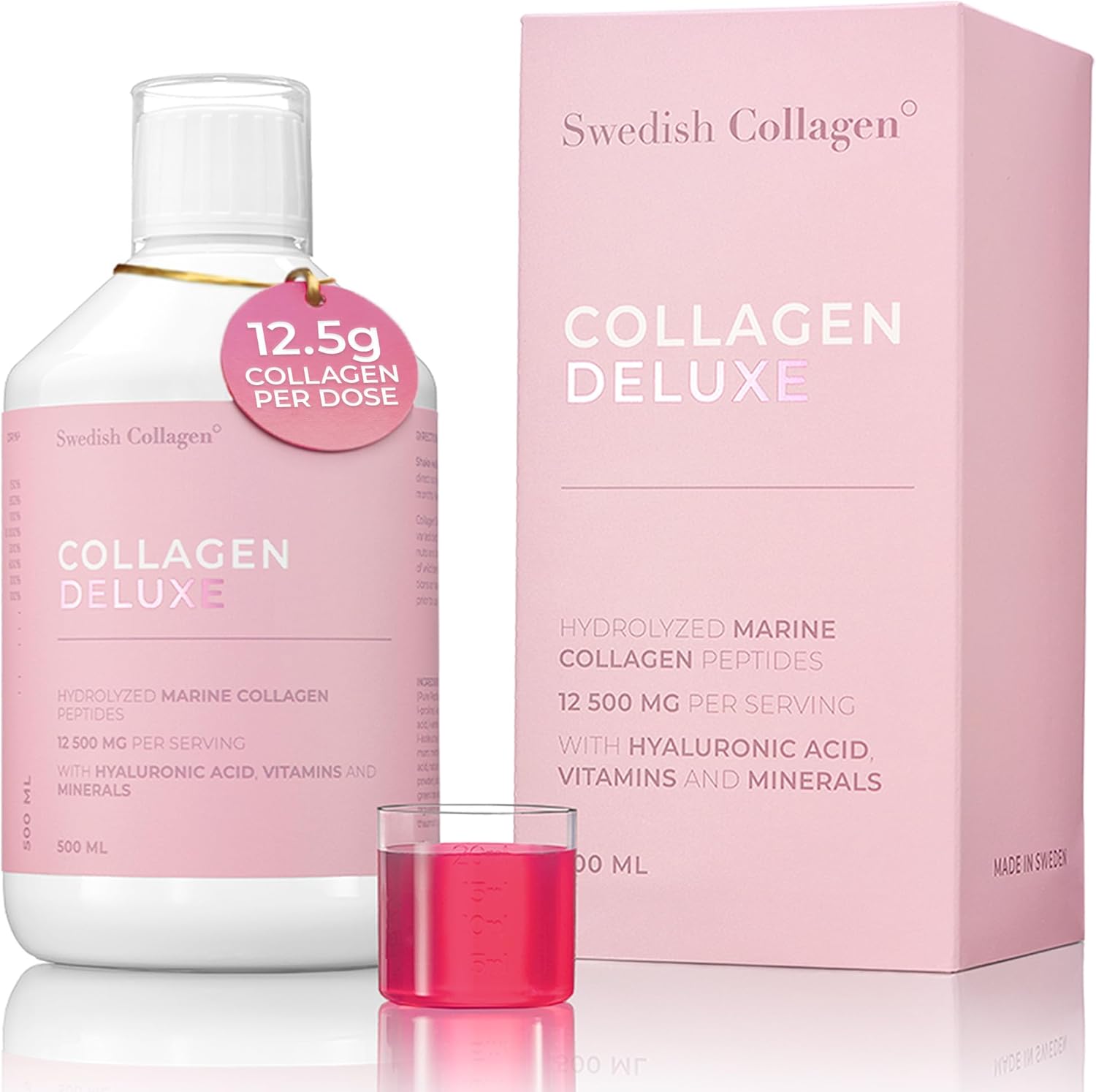 Swedish Collagen Deluxe | 12,500 mg Hydrolysed Marine Collagen Liquid Supplement - 500 ml, 20 Day Supply | Hyaluronic Acid, Biotin and Vitamin C for Healthy Hair, Skin, Nails and Joints | Sugar-Free