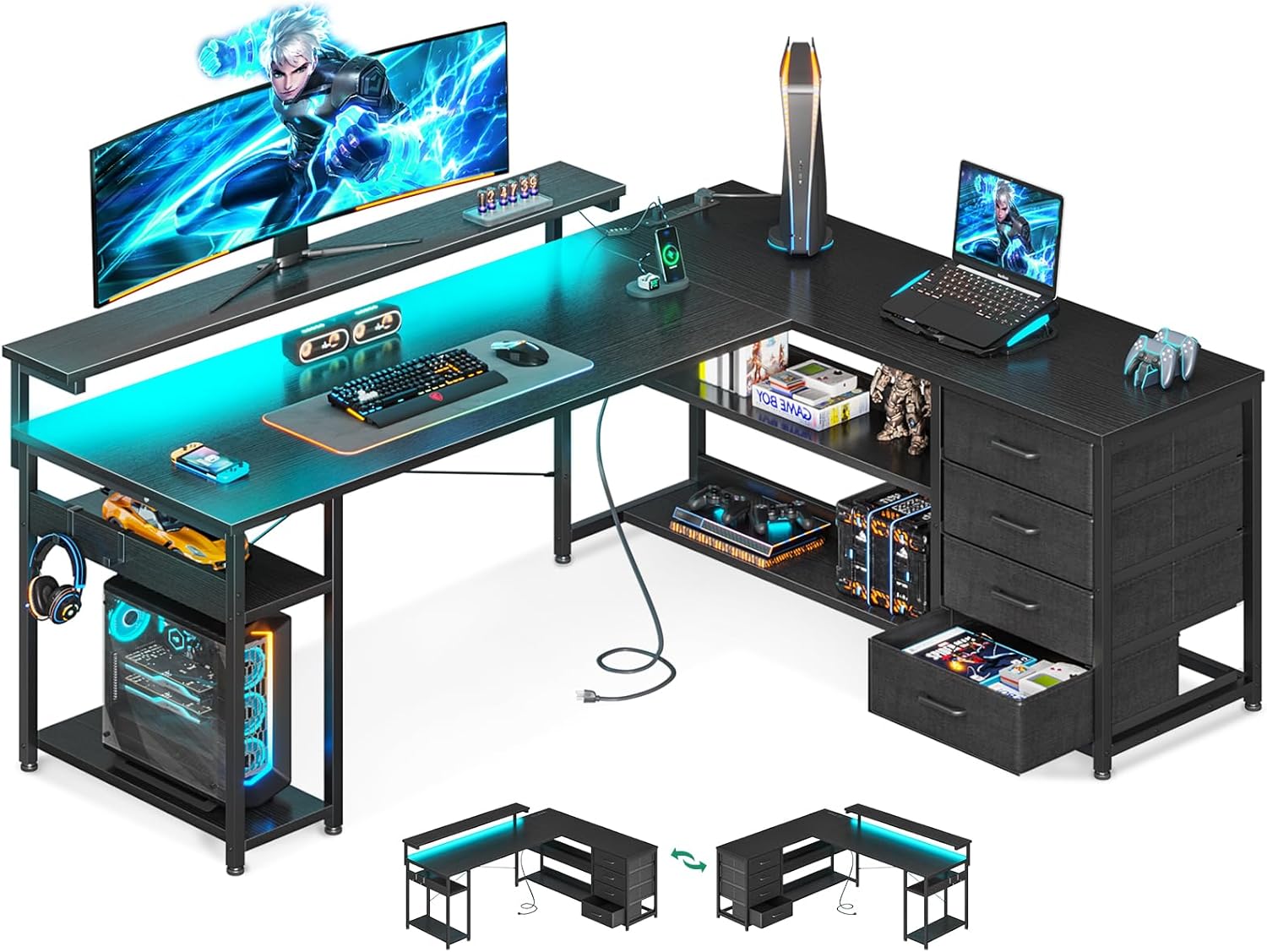 AODK 61" L Shaped Desk with Drawer, Computer Desk with Power Outlets & LED Lights, Reversible Corner Gaming Desk for Home Office Workstation, Office Desk with Monitor Shelf, Pure Black