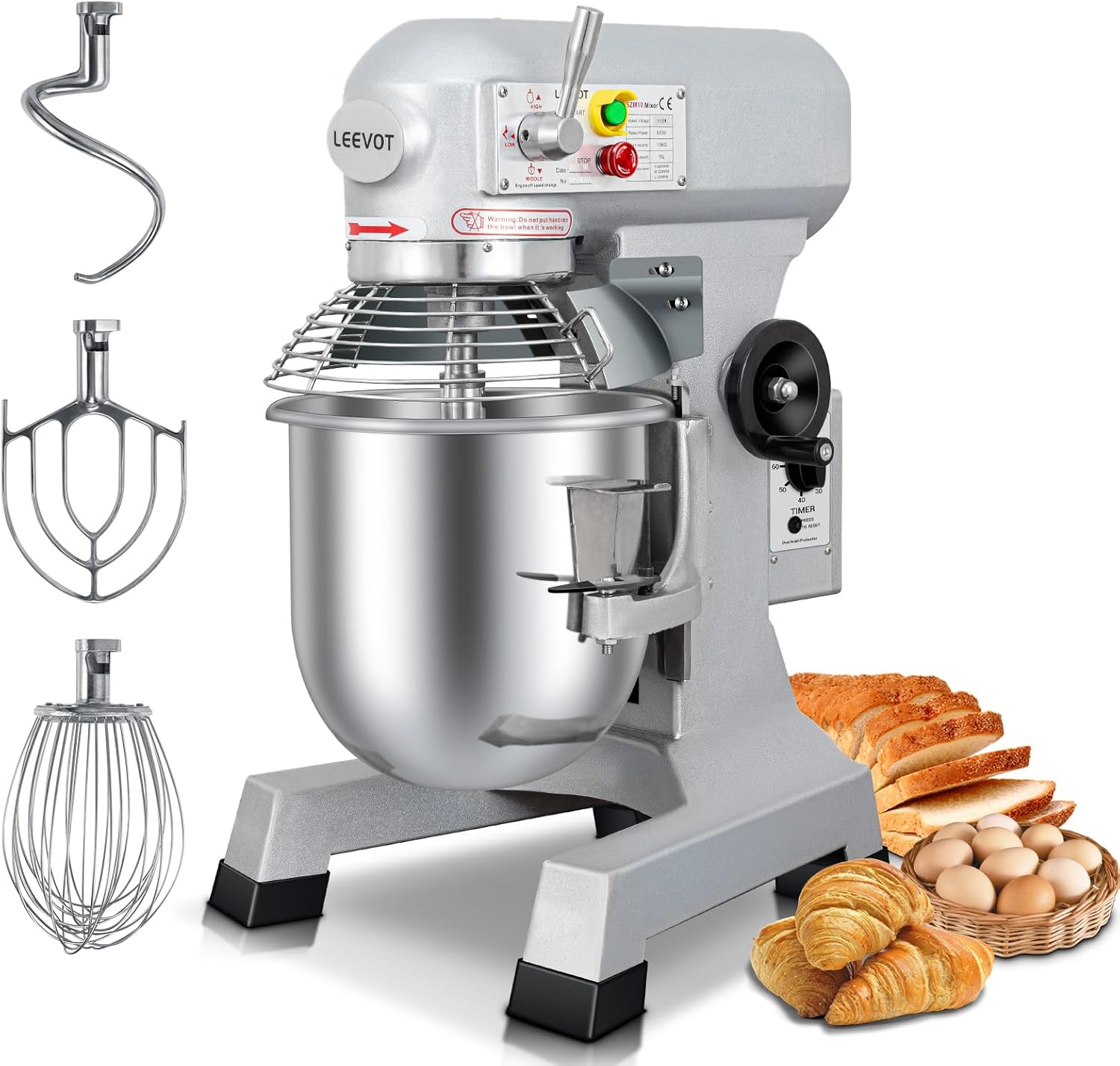 10 QT Dough Mixer, Food Commercial Industrial Grade Stand Mixer with Stainless Steel Bowl and 3 Types of Mixing Tools, Built for Professional Baking: Effortlessly Handles Large Recipes