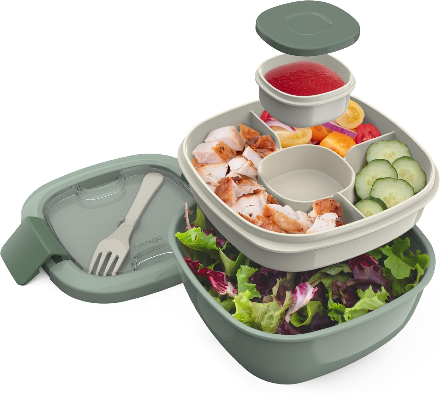 Bentgo All-in-One Salad Container - Large Salad Bowl, Bento Box Tray, Leak-Proof Sauce Container, Airtight Lid, & Fork for Healthy Adult Lunches; BPA-Free & Dishwasher/Microwave Safe (Khaki Green)