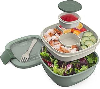 Bentgo All-in-One Salad Container - Large Salad Bowl, Bento Box Tray, Leak-Proof Sauce Container, Airtight Lid, & Fork for Healthy Adult Lunches; BPA-Free & Dishwasher/Microwave Safe (Khaki Green)
