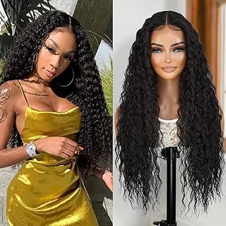 30 Inch long Bohemian Curl Swiss Lace Front Curly Wavy Wig Middle Part Wigs for Black women Heat Resistant Synthetic Wig DPL007 (1B-Off Black)