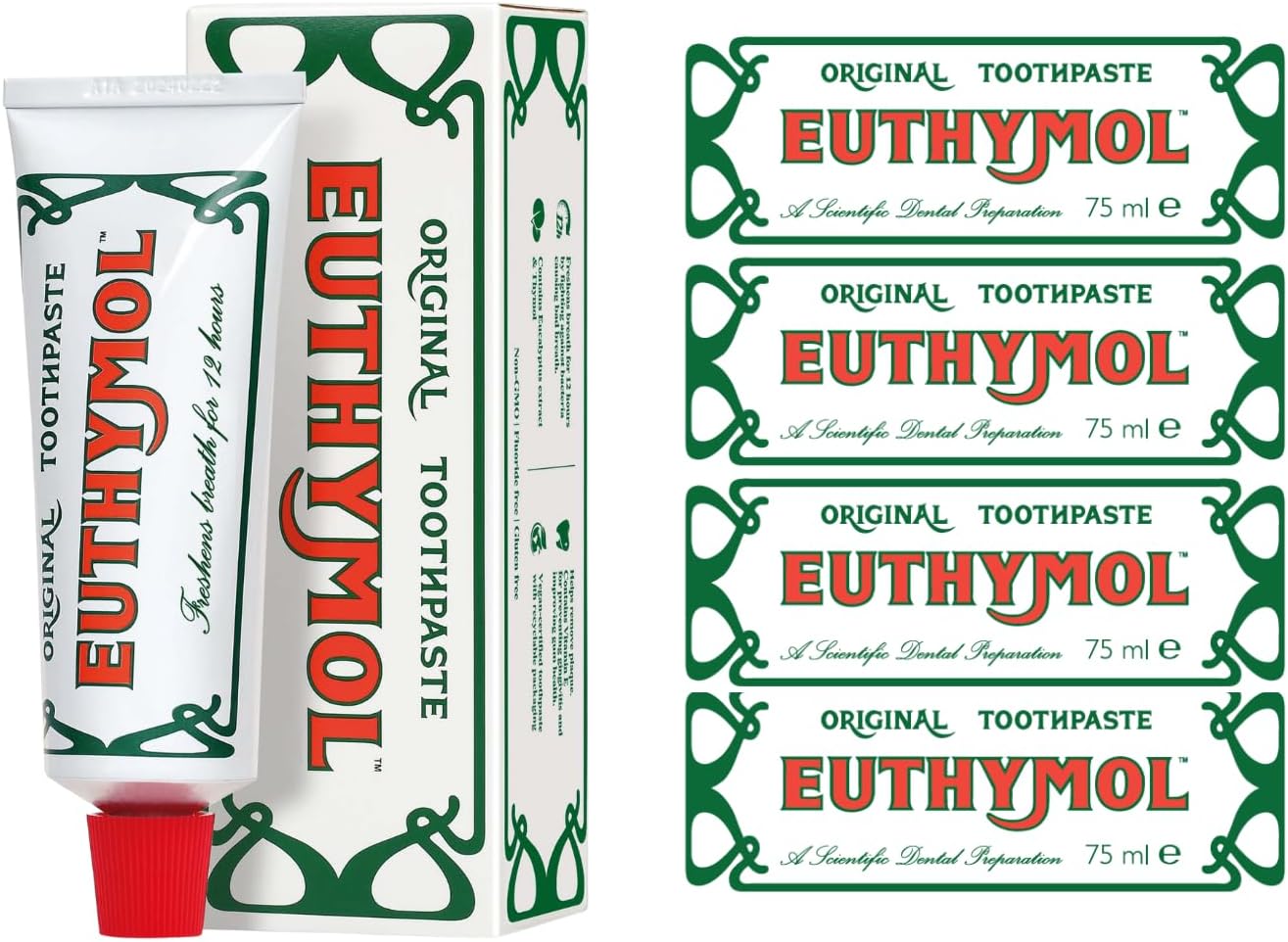 Euthymol Original Toothpaste Bundle – 4 x 75ml, Fluoride Free Anti-Plaque Antibacterial Cavity Teeth Gums Clean Healthy Protection Refresh Daily Oral Enamel Dental Care