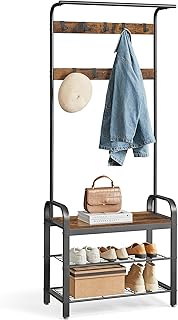 VASAGLE Coat Rack, Hall Tree with Shoe Bench for Entryway, Entryway Bench with Coat Rack, 4-in-1, with 9 Removable Hooks, a Hanging Rod, 13.3 x 28.3 x 72.1 Inches, Rustic Brown and Black UHSR40B