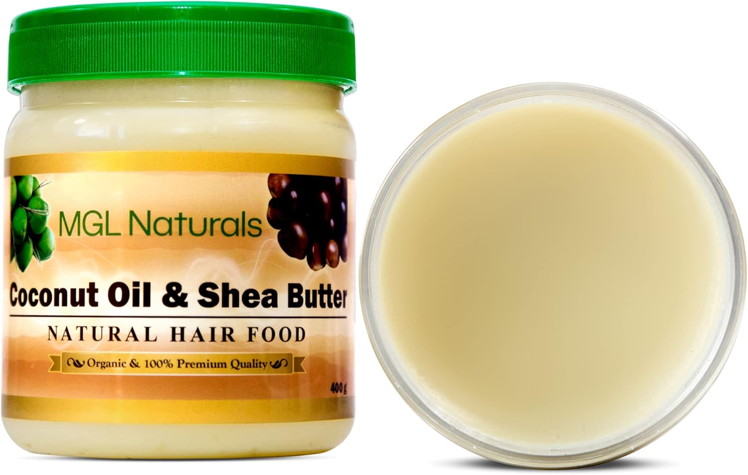 MGL Naturals Coconut Oil and Shea Butter Natural Hair Food made with Fair Trade organic ingredients from Ghana for hair growth, hair softness, shine, manageability and protect against hair loss.