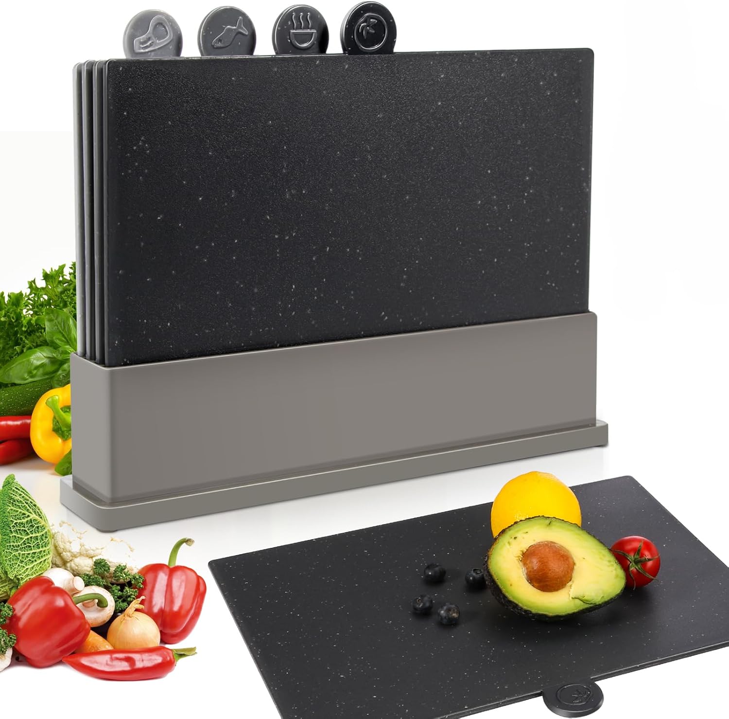 MASTERTOP Index Chopping Board Set, Plastic Chopping Boards with Storage Stand, Non Slip Kitchen Cutting Boards for Meat or Vegetables, Grey