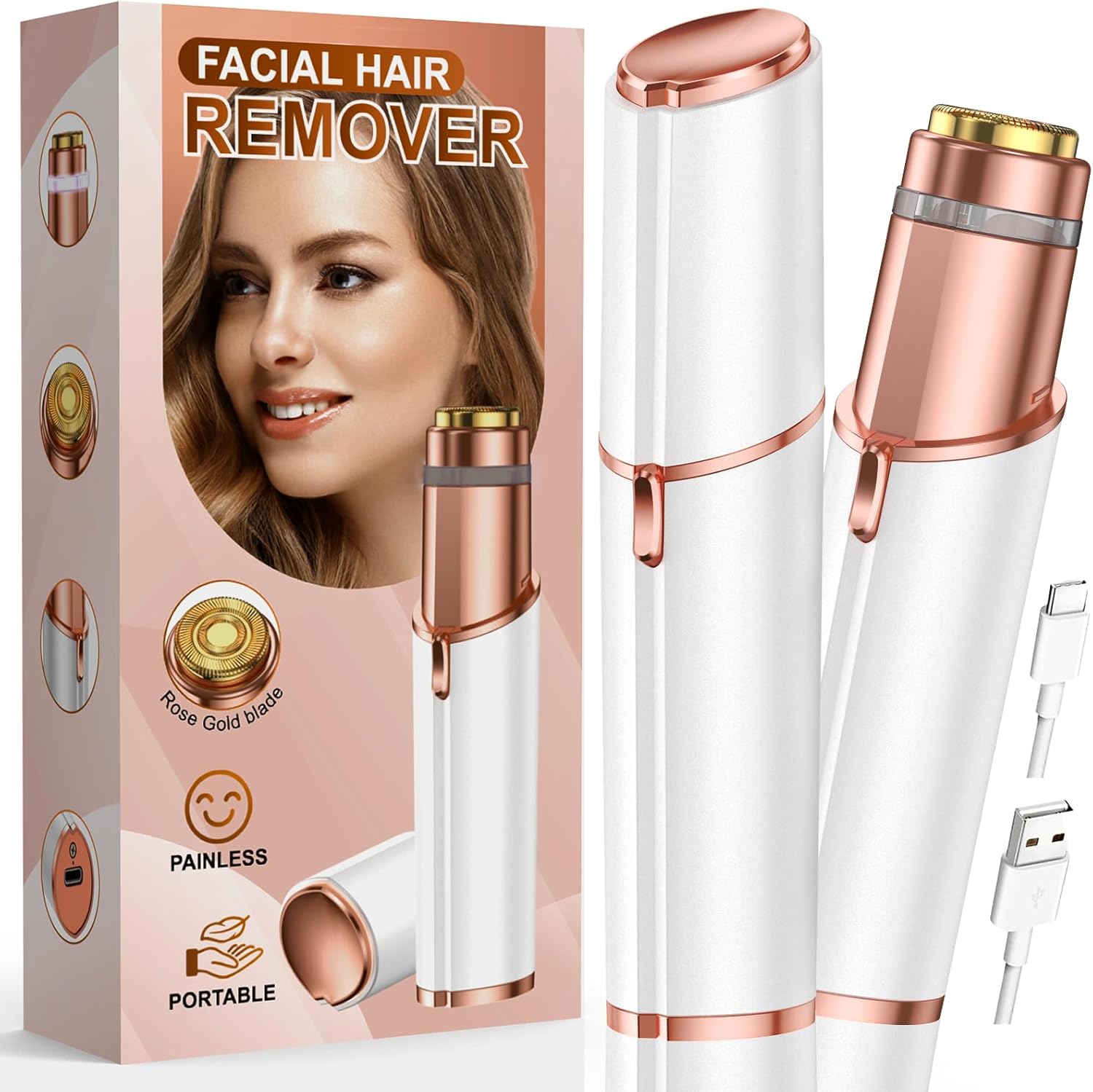 Facial Hair Removal for Women: Painless Rechargeable Face Shaver Electric Hair Remover Device for Peach Fuzz Upper Lip Chin (White)