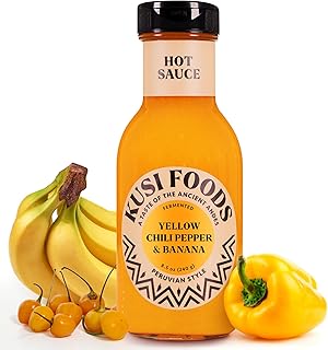 Kusi Foods Peruvian-style Hot Sauce, Made with Yellow Chili Peppers, Banana and Aji Charapita, Sweet and Slightly Spicy, Fermented 50 days, 8.5 oz