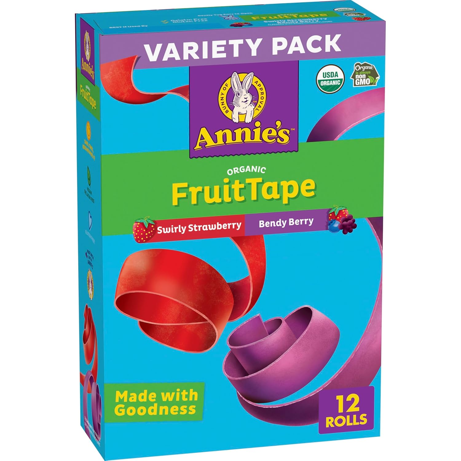 Annie's Organic Fruit Tape, Swirly Strawberry and Bendy Berry, Gluten Free, Variety Pack, 12 Rolls, 9 oz