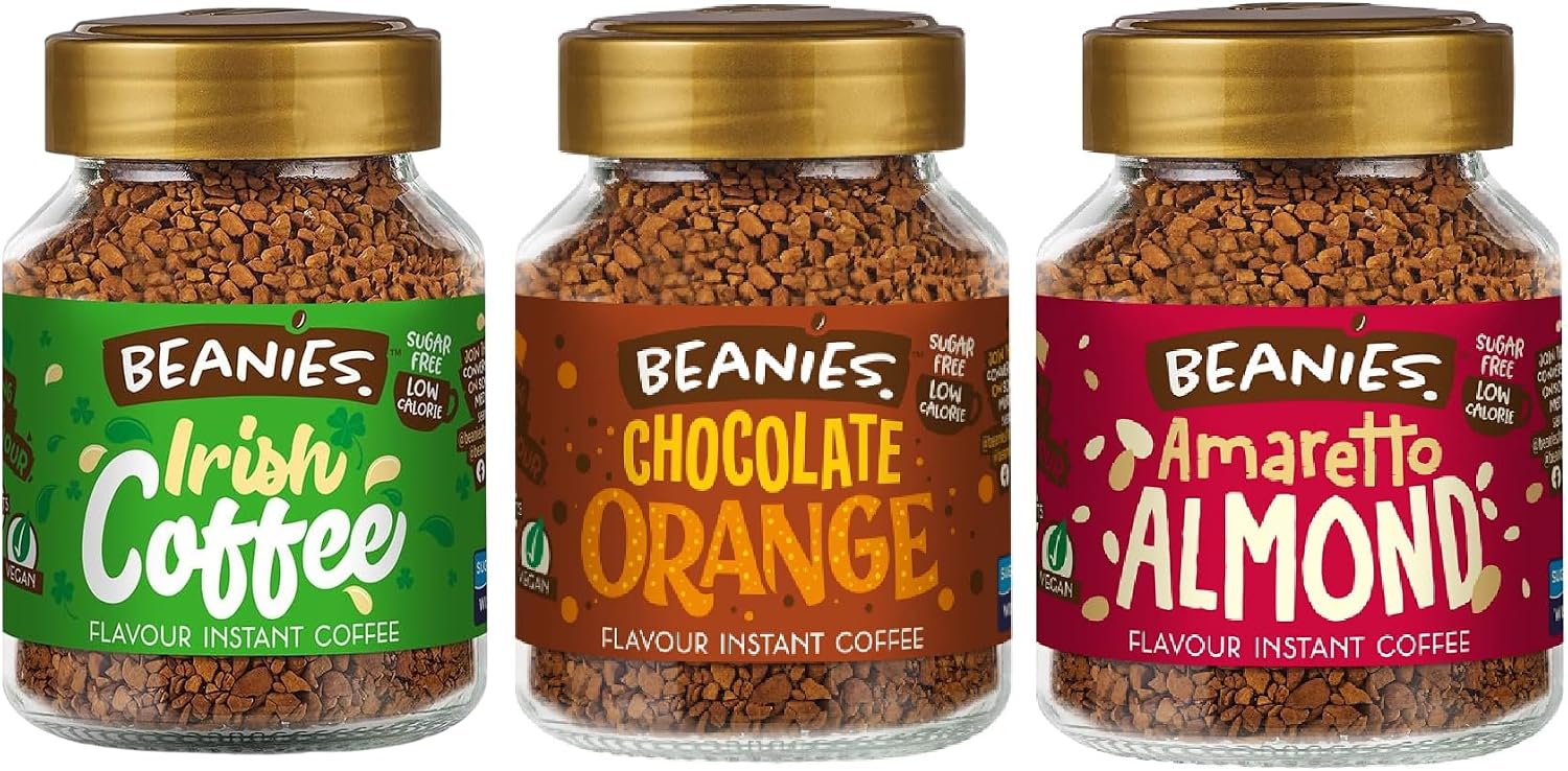Beanies Flavoured Instant Coffee Jars 3x50g ; Amaretto Almond, Chocolate Orange & Irish Coffee