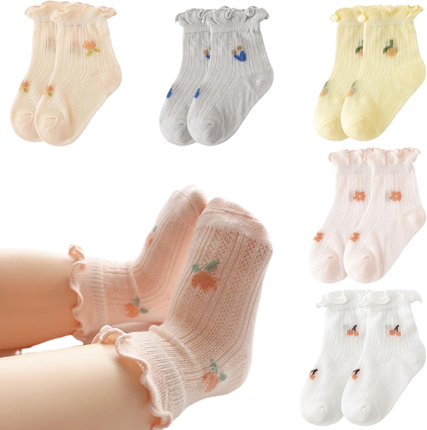 DWE Baby Girls Socks, 5 Pair Ruffle Infants Toddler Socks Summer Kids Mesh Socks Frilly Cotton Ankle Socks