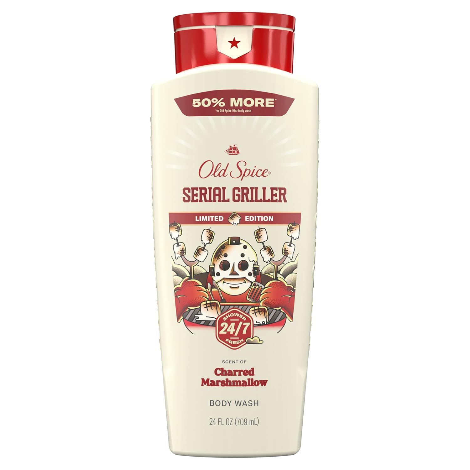 Old Spice Body Wash for Men, Summerdudes, 24/7 Shower Fresh with Daily Use, Long Lasting Scent, Cleanse & Refresh Skin, VIP Festival Experience, Serial Griller with Charred Marshmallow Scent, 24 oz