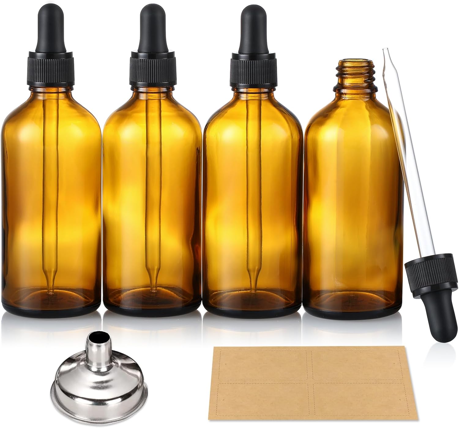 AOZITA 4 Pack, 4 oz Dropper Bottles with 1 Funnel & 4 Labels - Essential Oils Bottles for Health, Personal Care & Beauty - 120ml Thick Dark Amber Glass Tincture Bottles with Eye Droppers, Leakproof