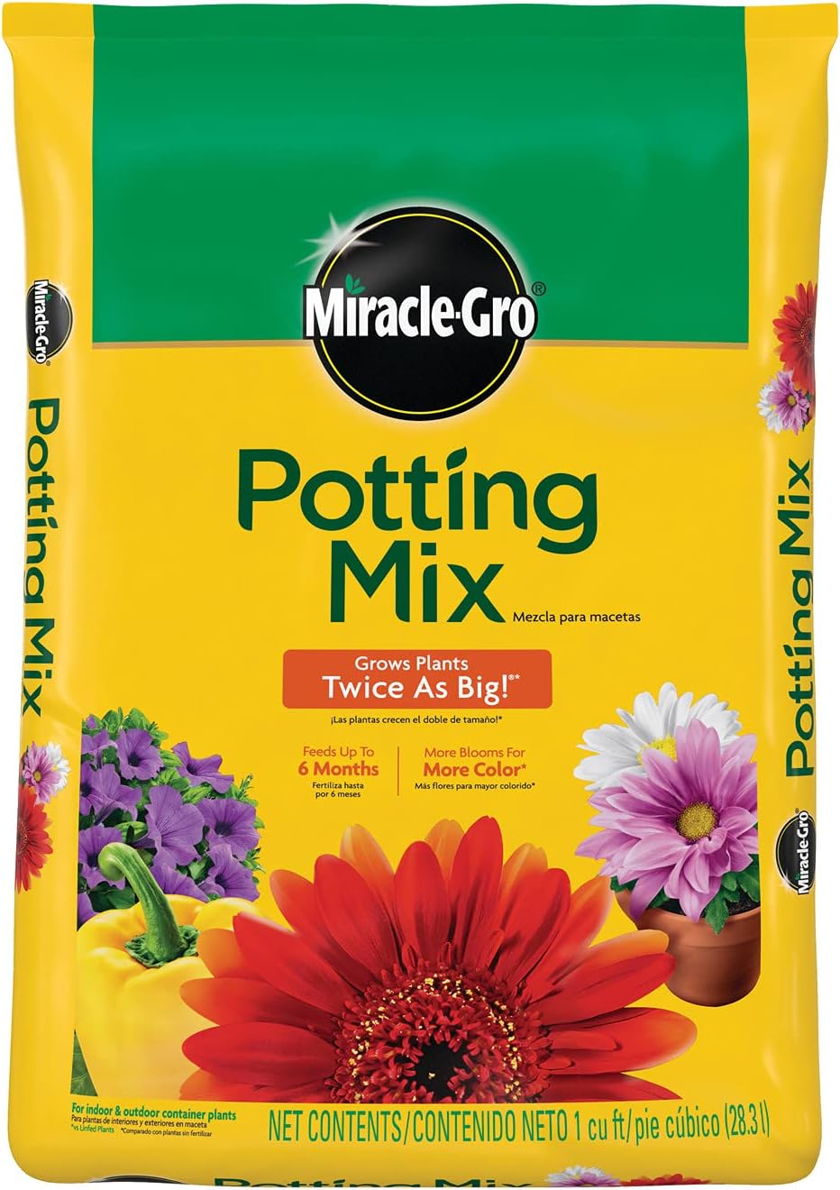 Miracle-Gro Potting Mix, For Container Plants, Flowers, Vegetables, Shrubs, Annuals, Perennials, Feeds for up to 6 Months, 1 cu. ft.