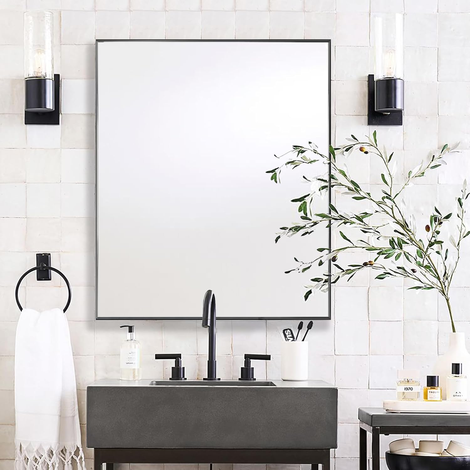 24 x 32 Inch Rectangle Wall Mirror, Aluminum Frame Rectangular Mirror for Bathroom, Vanity, Bedroom, Living Room, Entryway, Wall Mounted Horizontal or Vertical, Black