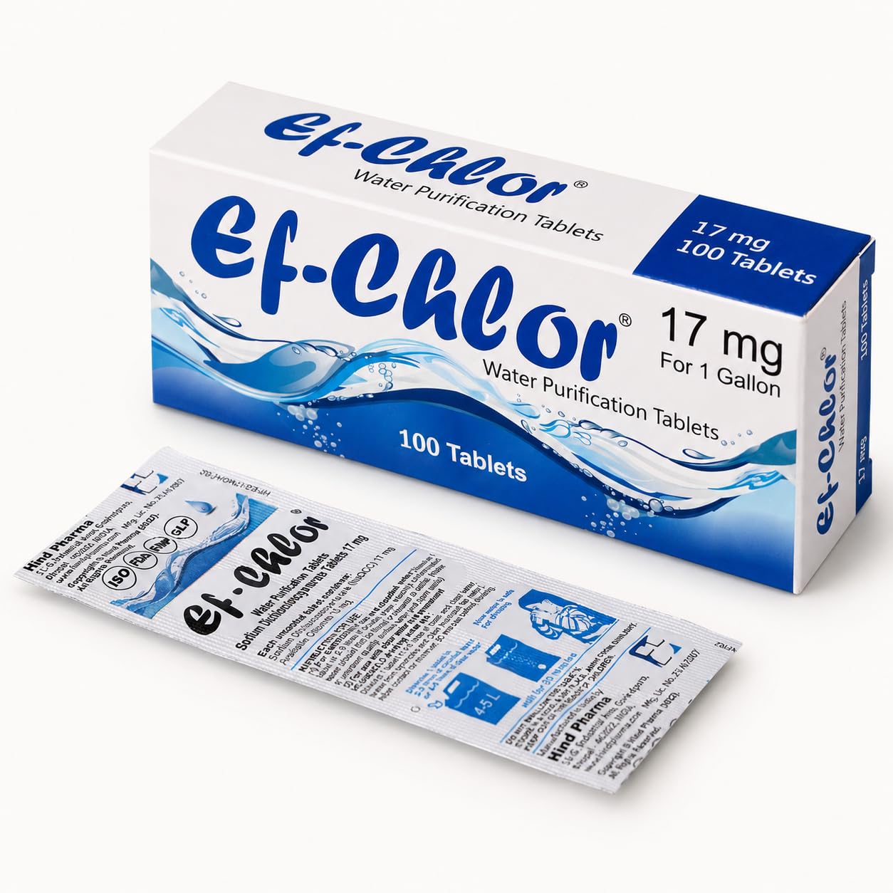 Ef-Chlor 17 Mg Water Purification Tablets / 100 Tablets Pack -1 tablet Purifies 3-4 Liters of Water/Safe and Reliable Water Treatment No Color or Unpleasant Taste/Sterilize Disinfect & Purify Water