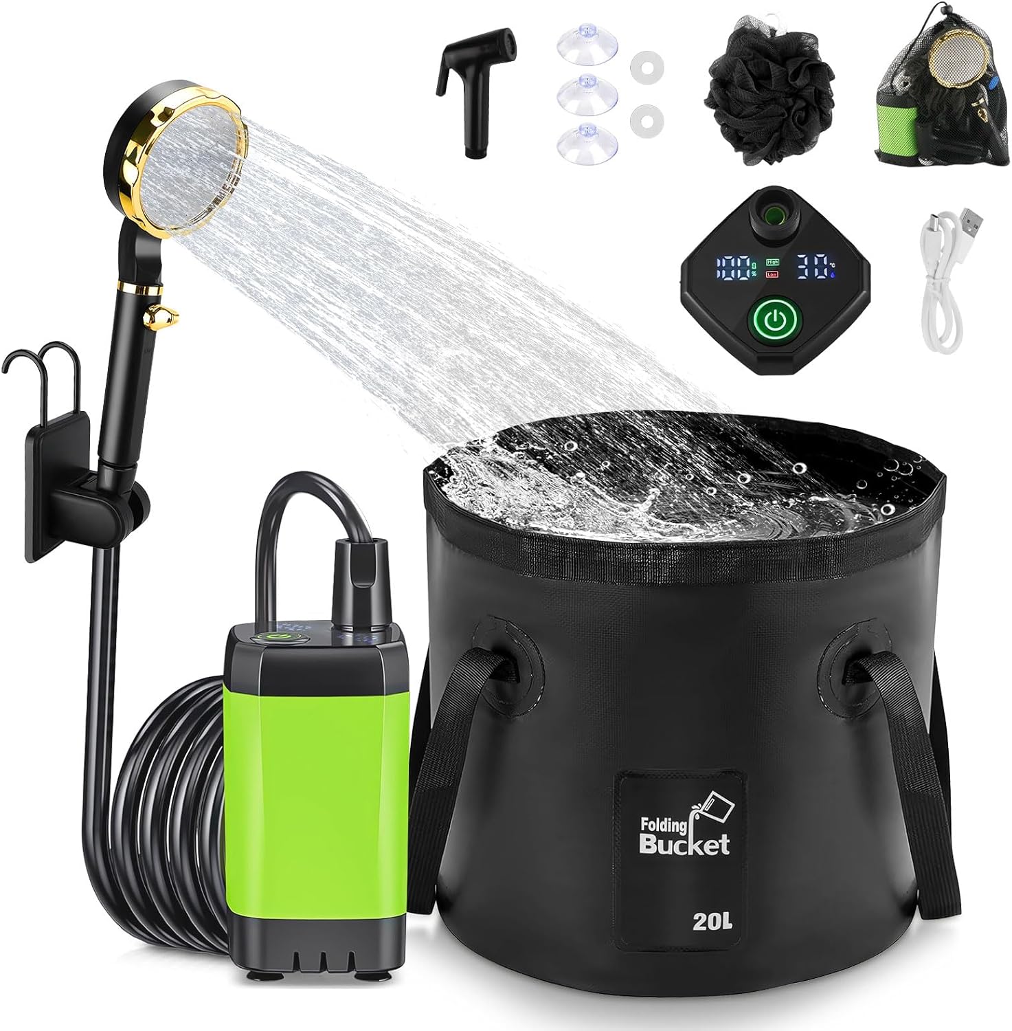 Anesty Portable Camping Shower Kit, 6000mAh Rechargeable Portable Shower Pump with Smart Display, 20L Foldable Bucket & Accessories for Outdoor Hiking, Travel, Car, Pet