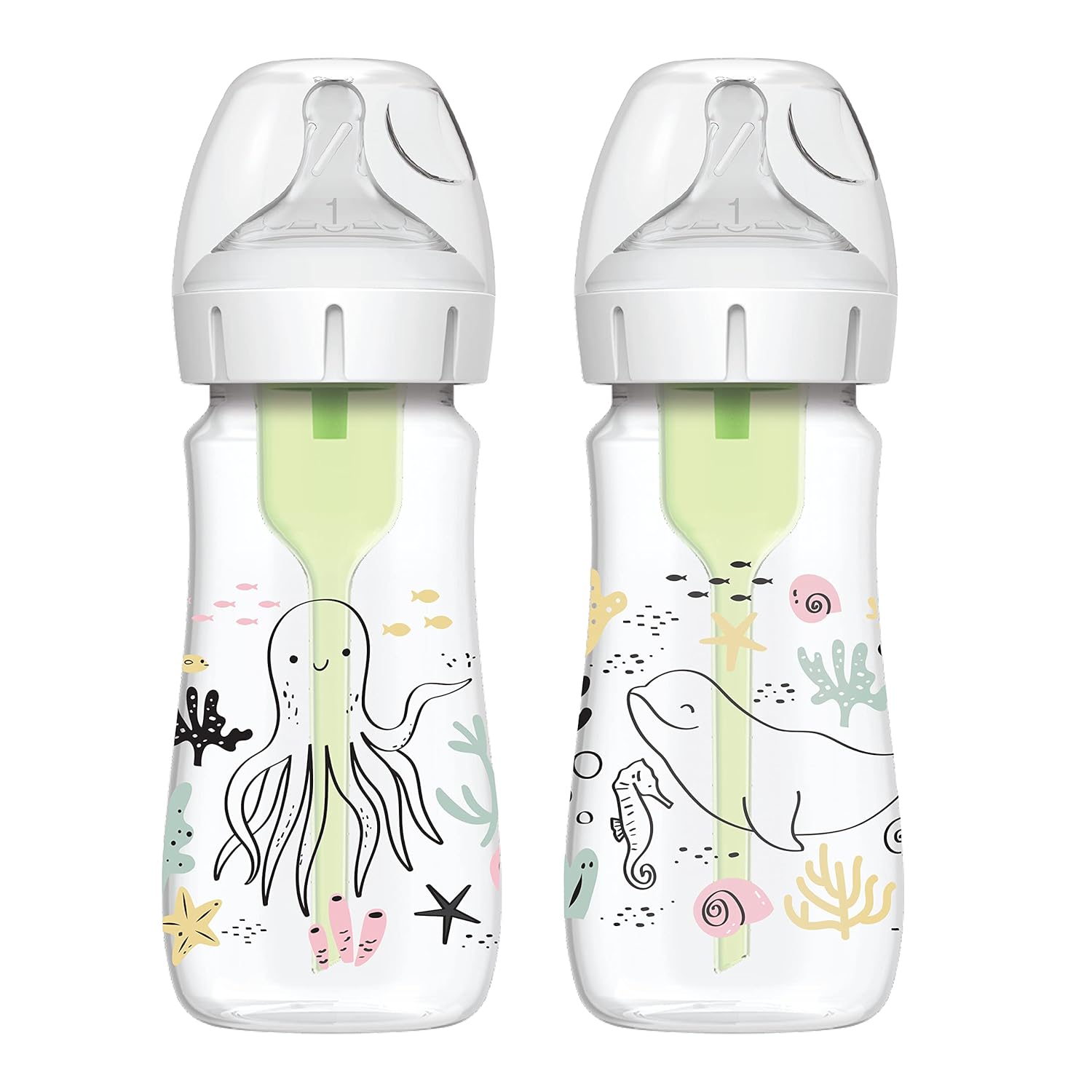 Dr. Brown’s Natural Flow® Anti-Colic Options+™ Wide-Neck Baby Bottle Designer Edition Bottles, Ocean Decos, 9 oz/270 mL, Level 1 Nipple, 2-Pack, 0m+