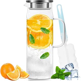 Yirilan Glass Pitcher, 1.5liter Glass Pitcher With Lid, Carafes and Pitchers, Iced Tea Pitcher, Water Carafe With Handle, Heat Resistant Borosilicate Glass Jug, Beverage Pitcher, Tea Jug With Brush