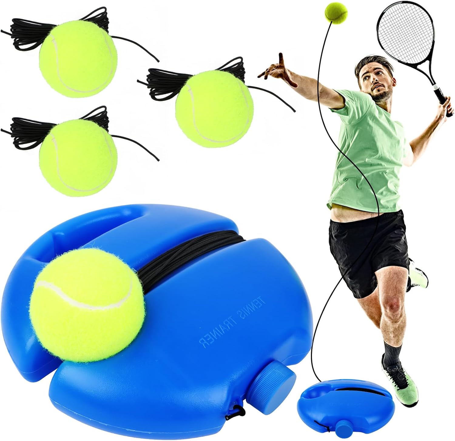 Jognee Tennis Trainer Tennis Trainer Set with 3 Rebound Balls, Portable Tennis Equipment, Tennis Ball Practice Trainer, Tennis Trainer Ball with String for Children, Players, Beginners