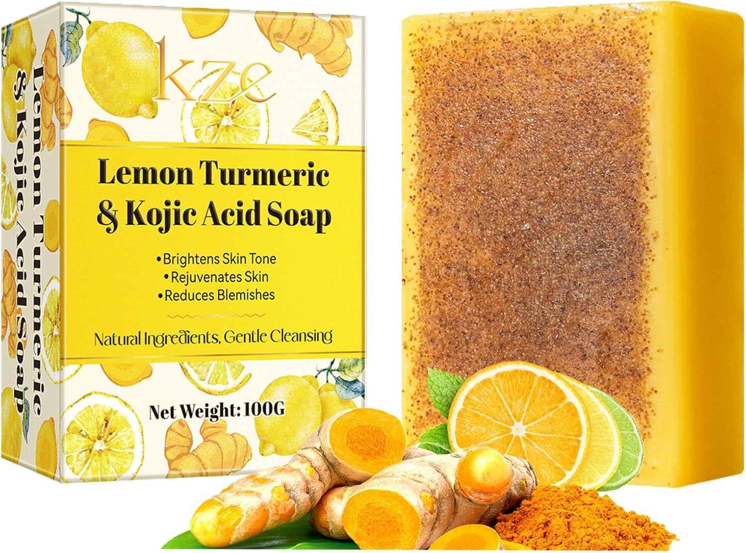Kojic Acid Soap - Turmeric Soap Bar - Natural Soap - Lemon Turmeric Kojic Acid Soap Bar for Fine Lines Acne Scars - Reduces Blemishes - Rejuvenates Skin