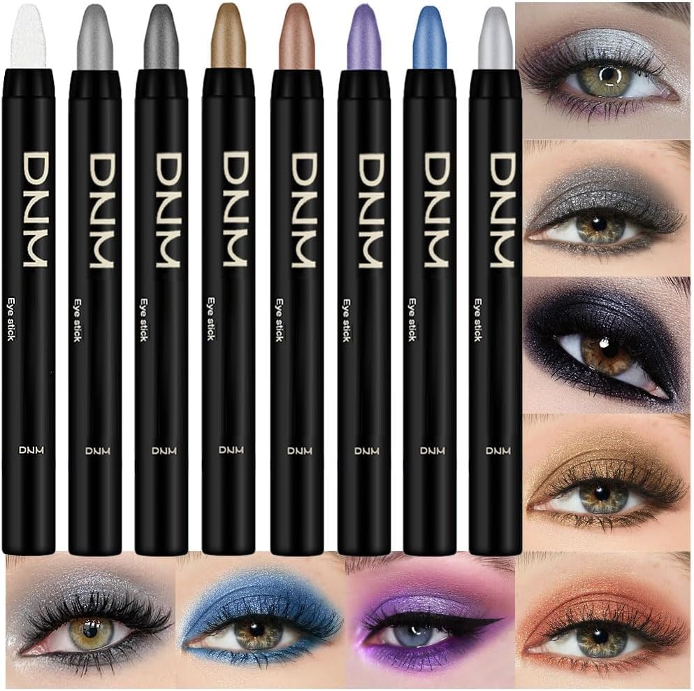 8Pcs Glitter Eye Shadow Sticks Liner Pencils Makeup, Pearl White Smokey Black Gray Silver Violet Purple Khaki Royal Blue Shimmer Glitter Eyeliner Pencil Eyeshadow Makeup for Older Women (8Pcs-Set01)