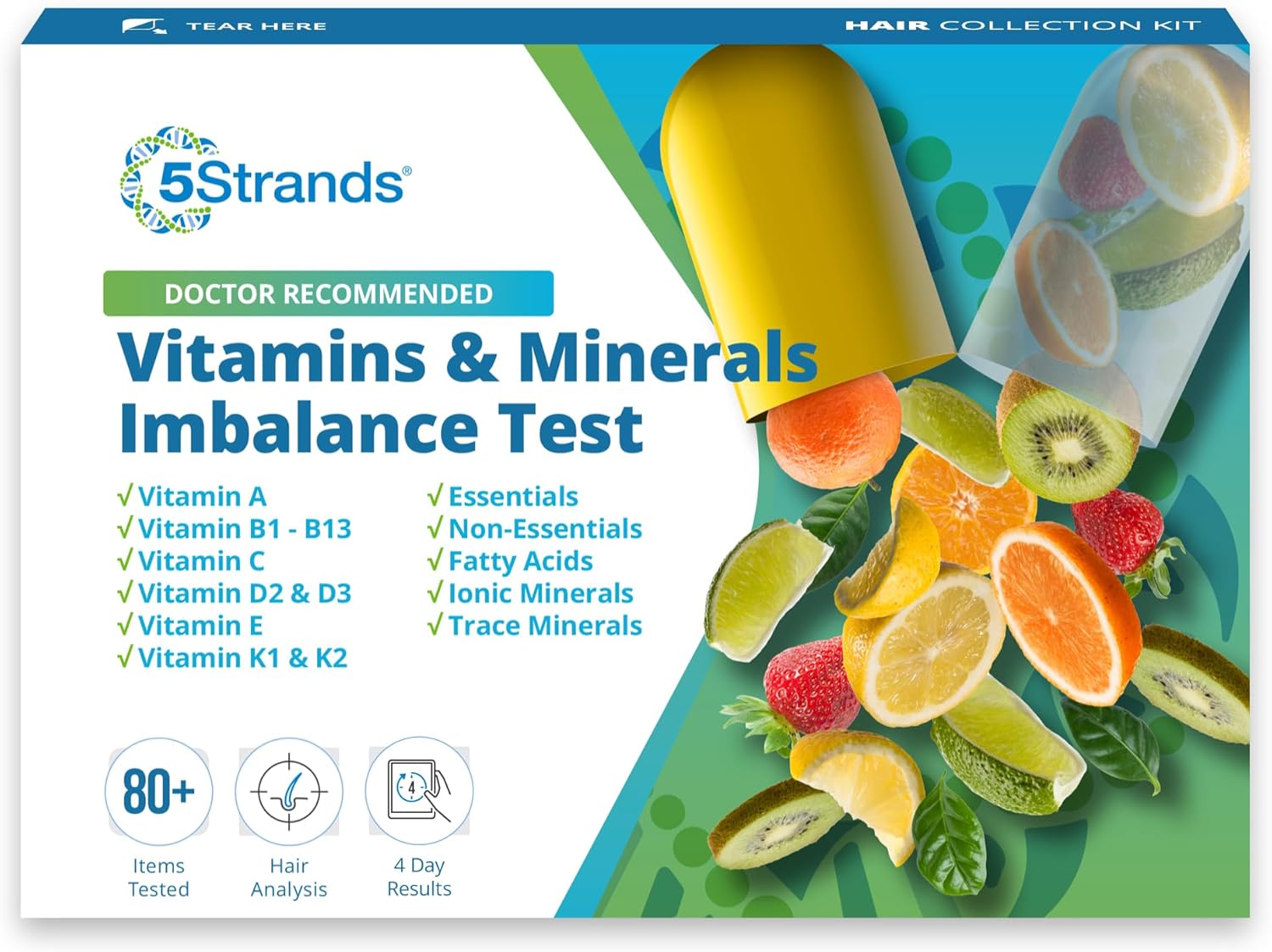 5Strands Nutrition Imbalance Test, 83 Vitamins, Minerals, Amino Acid Imbalances Tested, Supplement Absorption, at Home Nutrition Test for Adults & Kids, Hair Analysis, Results in 4 Days