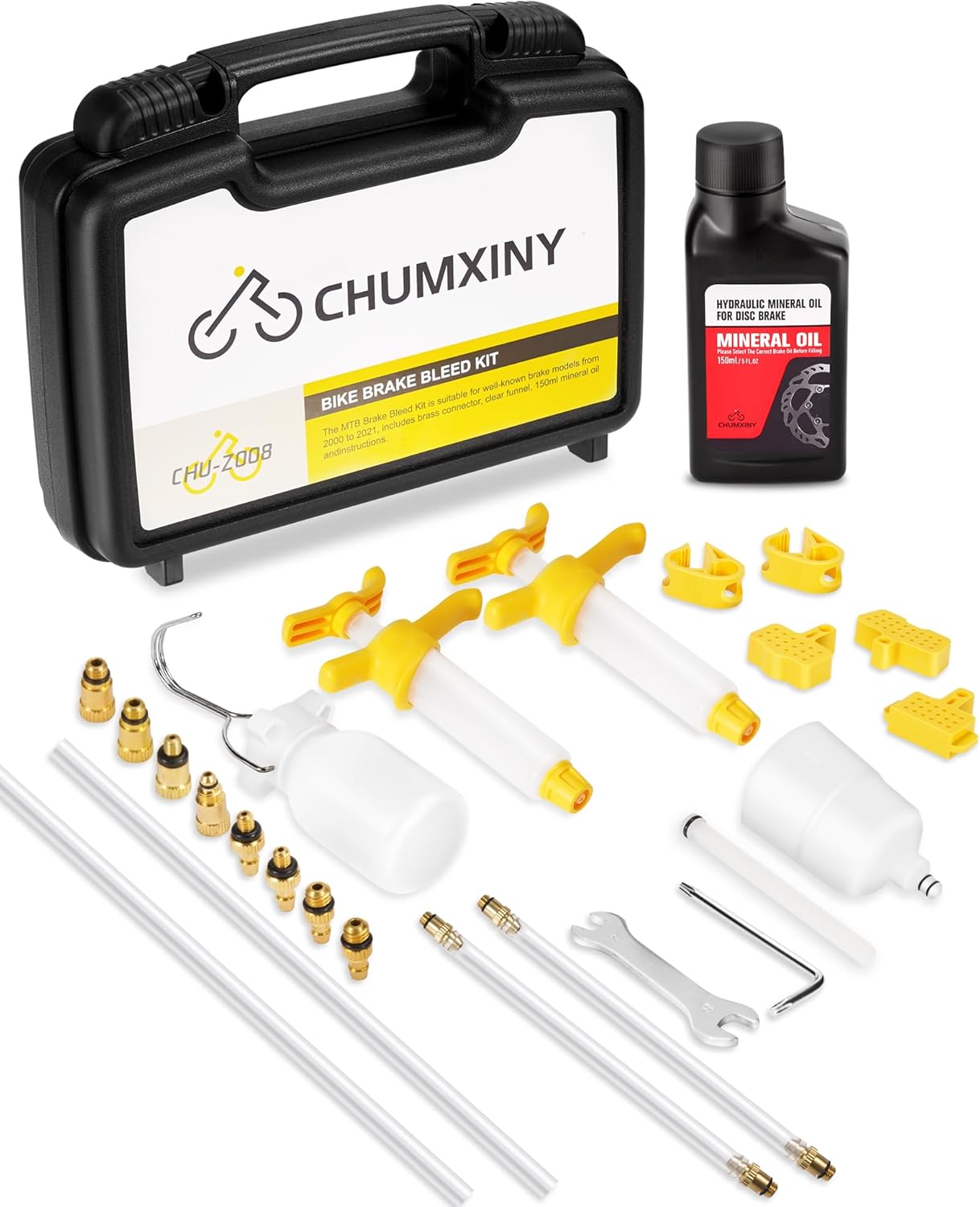 CHUMXINY Brake Bleed Kit for SHIMANO, TEKTRO Hydraulic Disc Brakes. MTB Brake Bleed Kit Includes Metal Connector, 150ML Mineral Oil Brake Fluid.