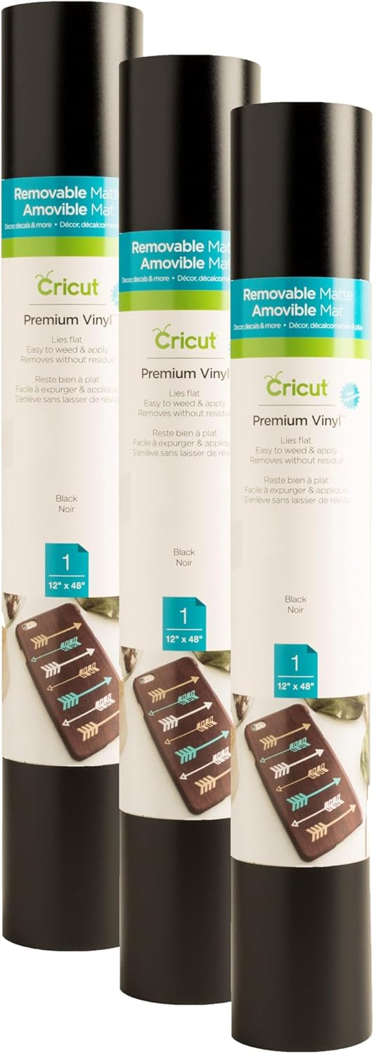 Cricut Removable Vinyl, Black | 3-Pack of 4ft Rolls (12" x 48") - Compatible with Maker & Explore Machines