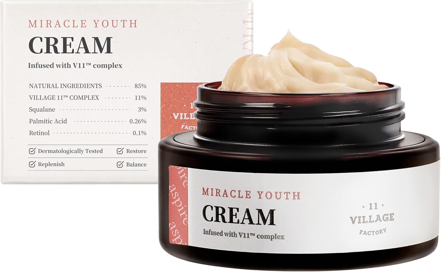 [VILLAGE 11 FACTORY] MIRACLE YOUTH CREAM (50 ml) Korean Skincare - Rich Cream with 0.1% Retinol & Squalane - Hydrates & Firms - Vegan Anti-Aging Treatment - 85% Natural Ingredients
