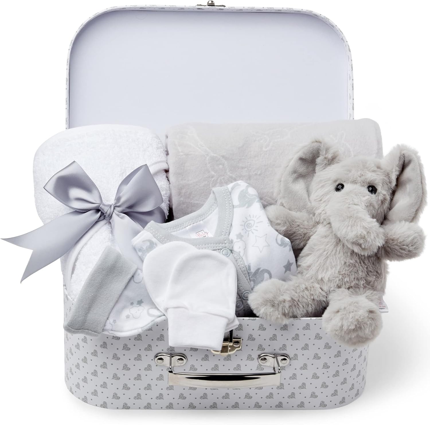 Tiny Baby Gift Set - Premature Newborn Essentials Hamper in White Keepsake Box with Baby Elephant Teddy - Unisex Preemie Gift Set