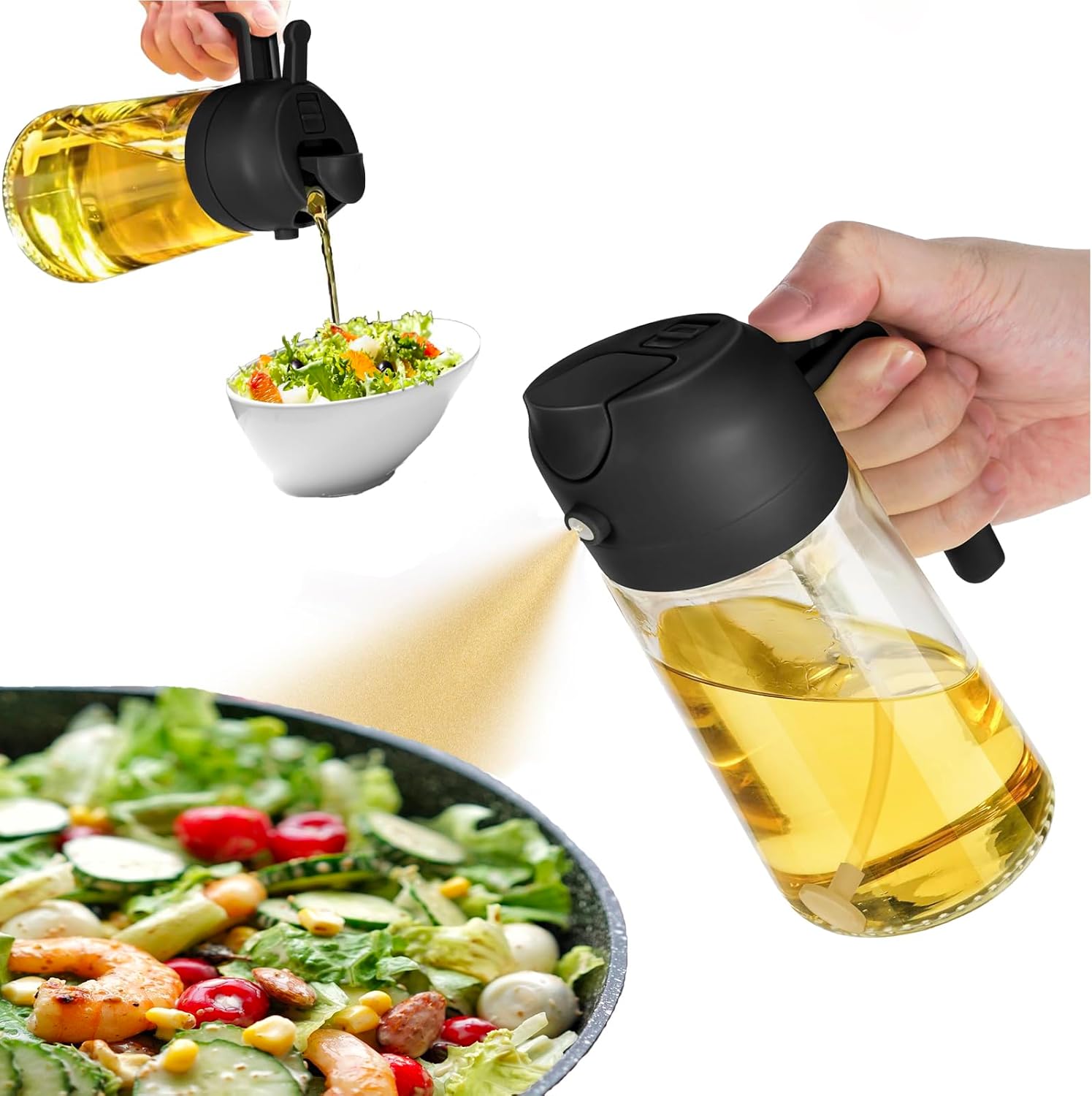 Oil Sprayer for Cooking,2 in 1 Olive Oil Dispenser and Oil Sprayer 470ml Olive Oil Spritzer for Air Fryer, Salad,BBQ,Roasting-Black