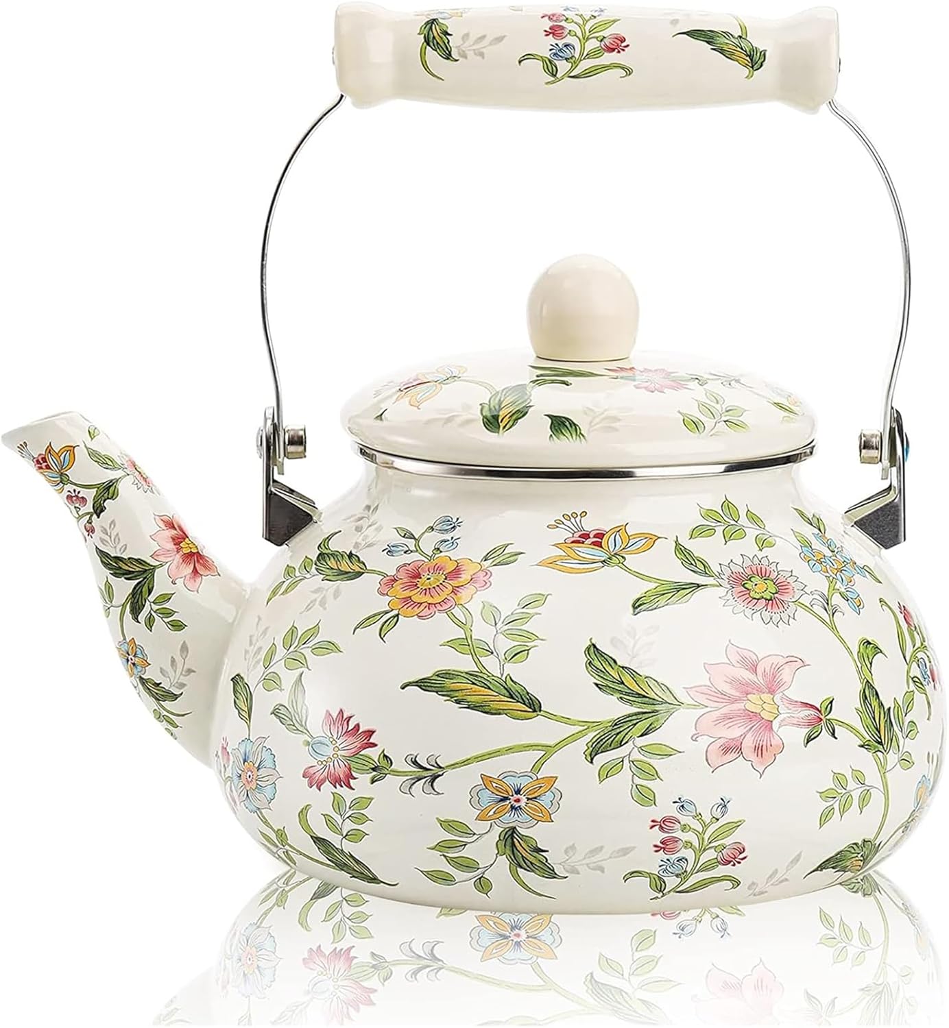 Vintage Colorful Floral Porcelain Enameled Tea Kettle Stovetop with Porcelain Handle for Home Kitchen Decor 2.5L - Classic Enamel Teapot