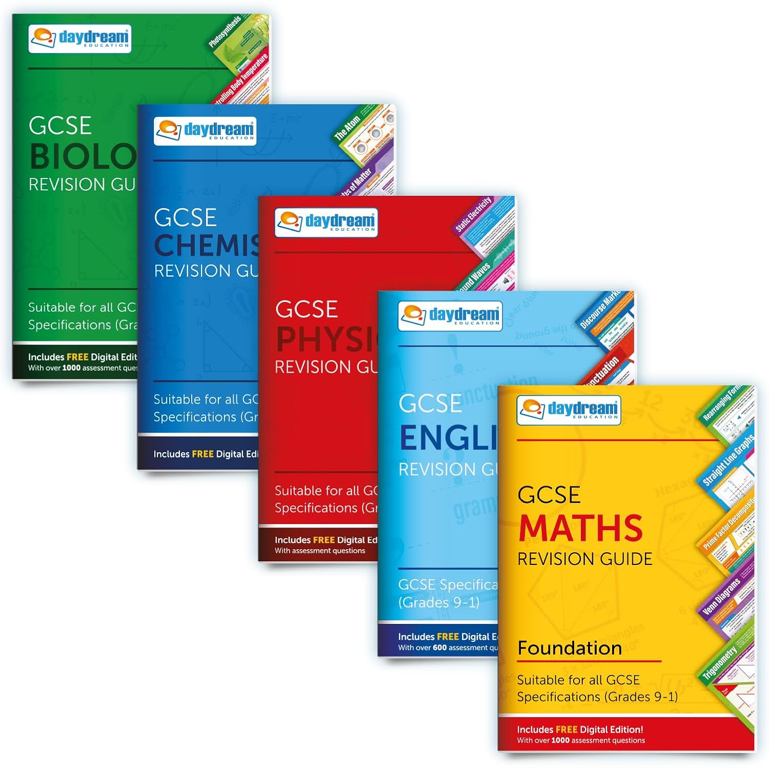 Daydream Education GCSE Maths (Foundation), English, Biology, Chemistry & Physics Study Pack | Pocket Posters: Pocket-Sized Revision Guides | GCSE | Includes FREE digital editions!