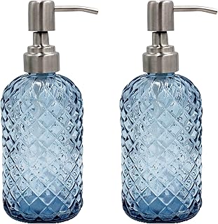 16 Oz Soap Dispenser with 304 Rustproof Stainless Steel Pump, Kitchen, Bathroom Soap Dispenser， Refillable Liquid Glass Soap Dispenser for Hand Soap, Soap, Lotion. (Blue-2pack)