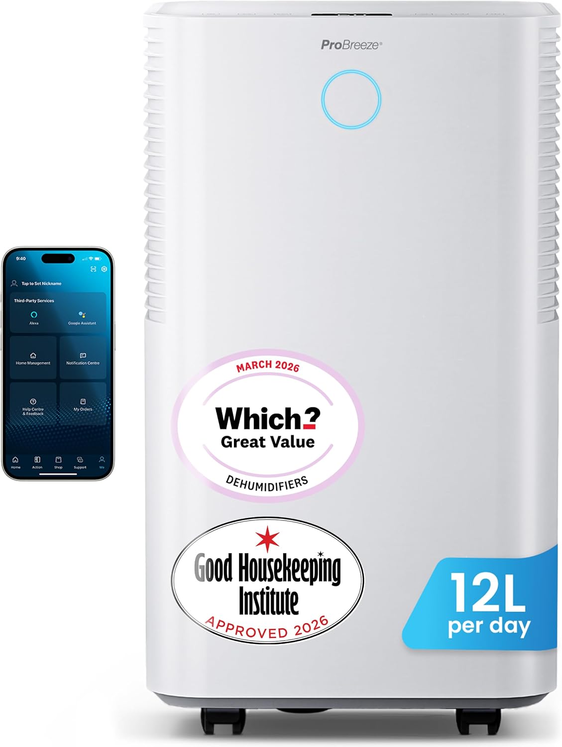Pro Breeze® OmniDry 12L/Day Dehumidifier with Automatic Humidity Sensor & Display, 24Hr Timer, Laundry Drying, Continuous Drainage (White, 12 Litres + Smart App)