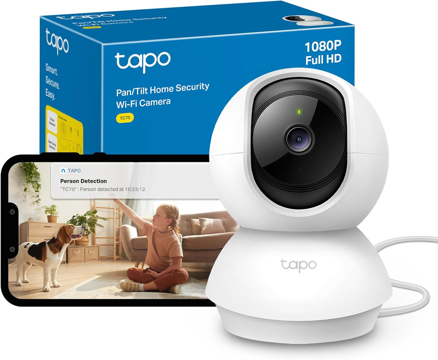 Tapo TC70 Pan/Tilt Indoor Camera House Security Camera, Dog Camera, No Monthly Fee, AI Detection, WiFi Camera, Baby Camera Monitor, 1080p Full HD, 360° View, Night Vision, Works with Alexa & Google