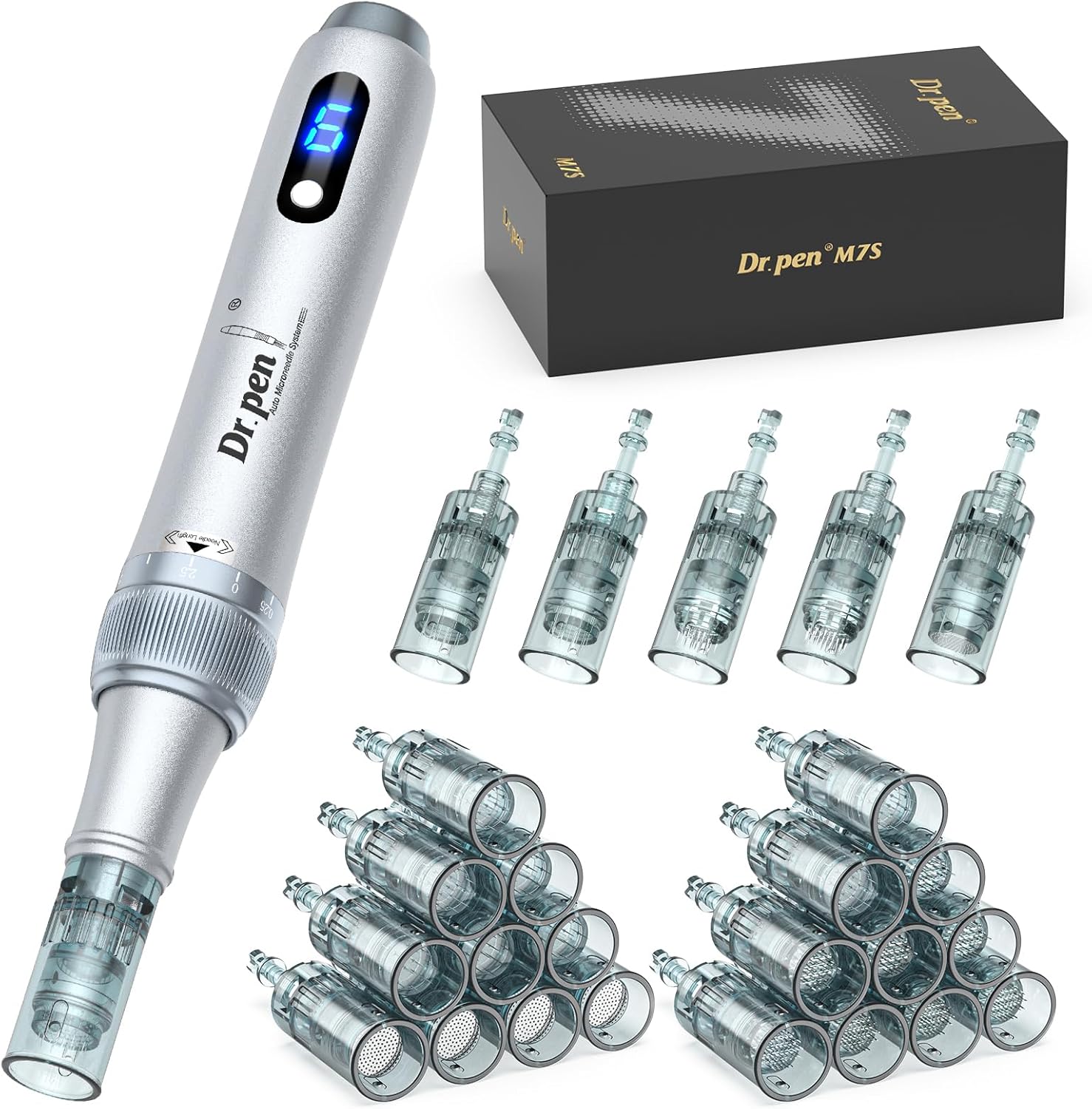 Dr. Pen M7S Wireless Microneedling Pen Skin Care Tool Kit with 11, 16, 24, 36 Pin Cartridges Silver
