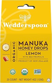 Wedderspoon Organic Manuka Honey Drops, Lemon & Bee Propolis, 20 Count (Pack of 1) | Genuine New Zealand Honey | Perfect Remedy For Dry Throats