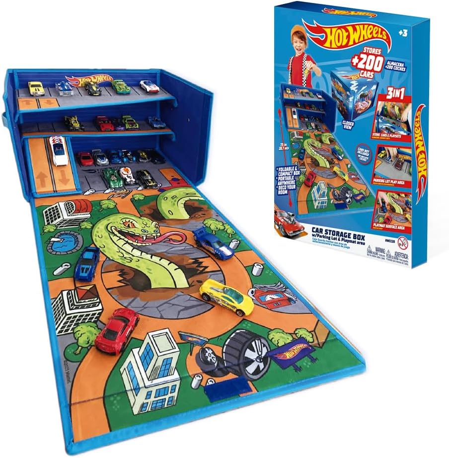 Hot Wheels Cars Case Garage Box Playmat - 3-IN-1 Collapsible Car Toys Storage Box with Speed Roads I Toy Car Storage (Cars Not Included)