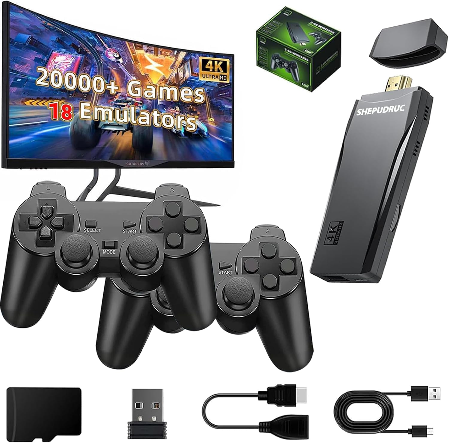Retro Handheld Game Console, Game Console Stick Built-in 20000+ Plug-and-Play Video Games, Equipped with 18 Simulators, 4K HDMI Output and Dual 2.4G Controller（64GB Memory Card）