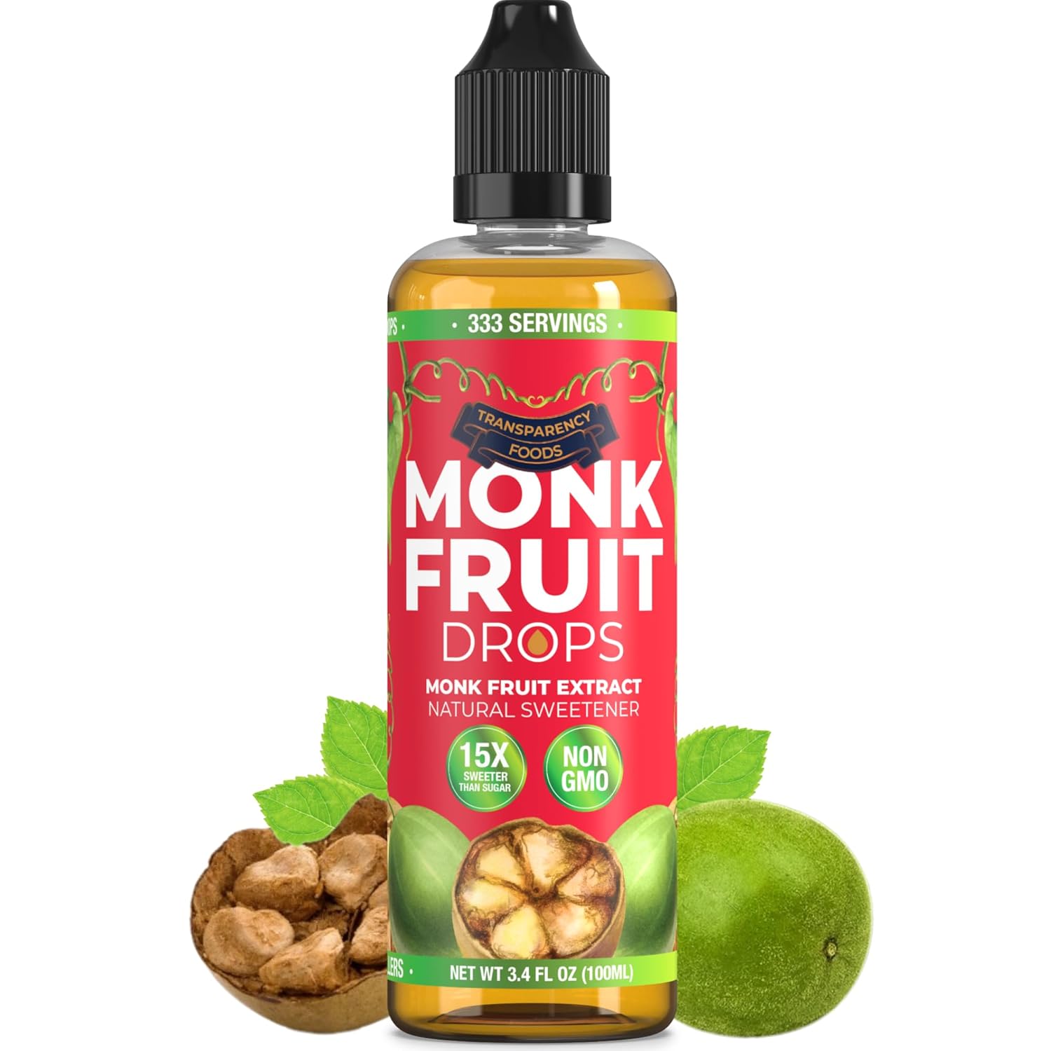 Monk Fruit Extract (6 Drops = 1 Tsp of Sugar) Zero Calories, Non-GMO, No Fillers - Liquid Monk Fruit Sweetener No Erythritol by Transparency Foods NEW FORMULA (3.4oz, 333 servings)