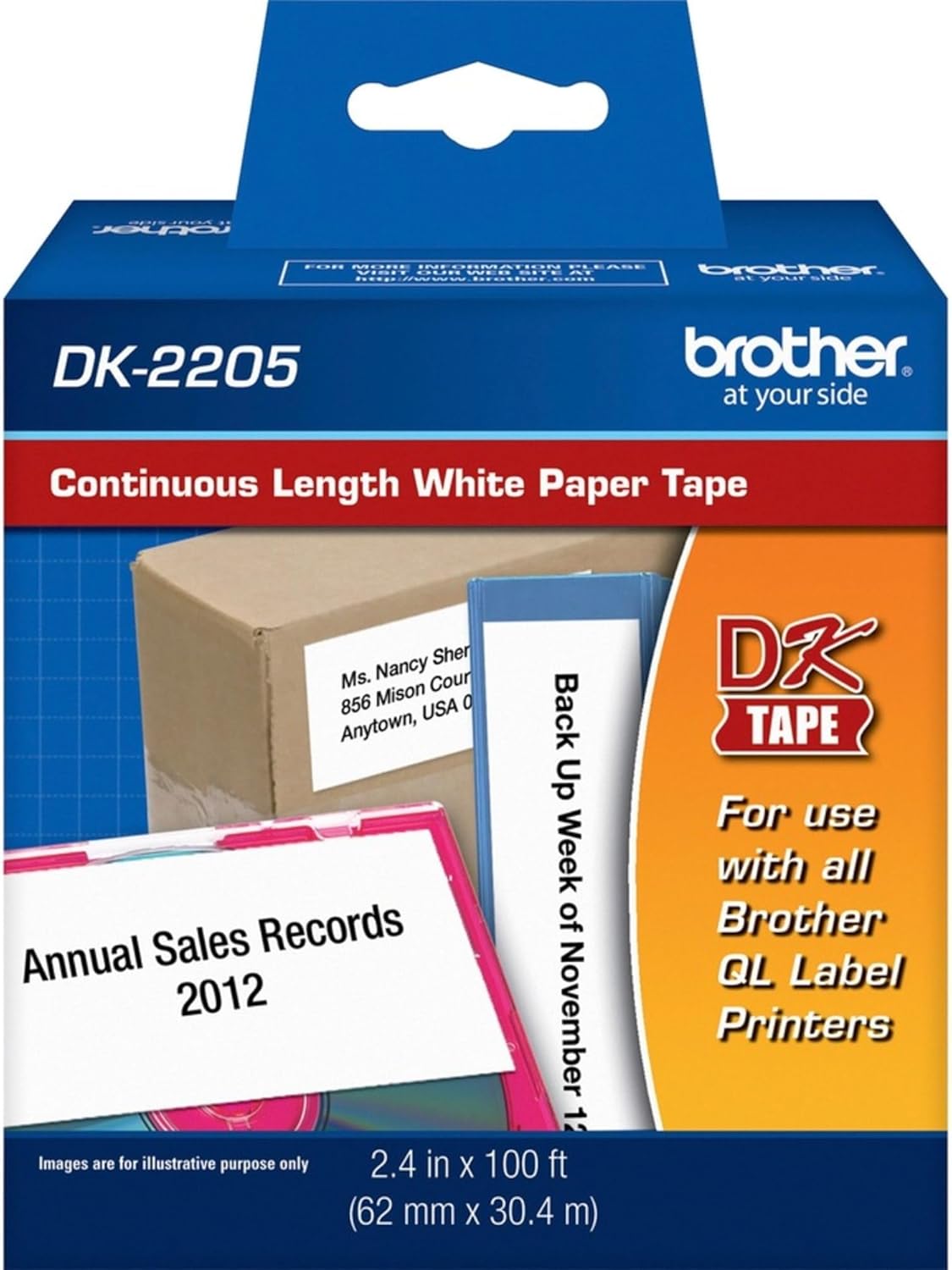 Brother Genuine, DK-2205 Continuous Paper Label Roll, Cut-to-Length Label, 2.4” x 100 Feet, (1) Roll Per Box