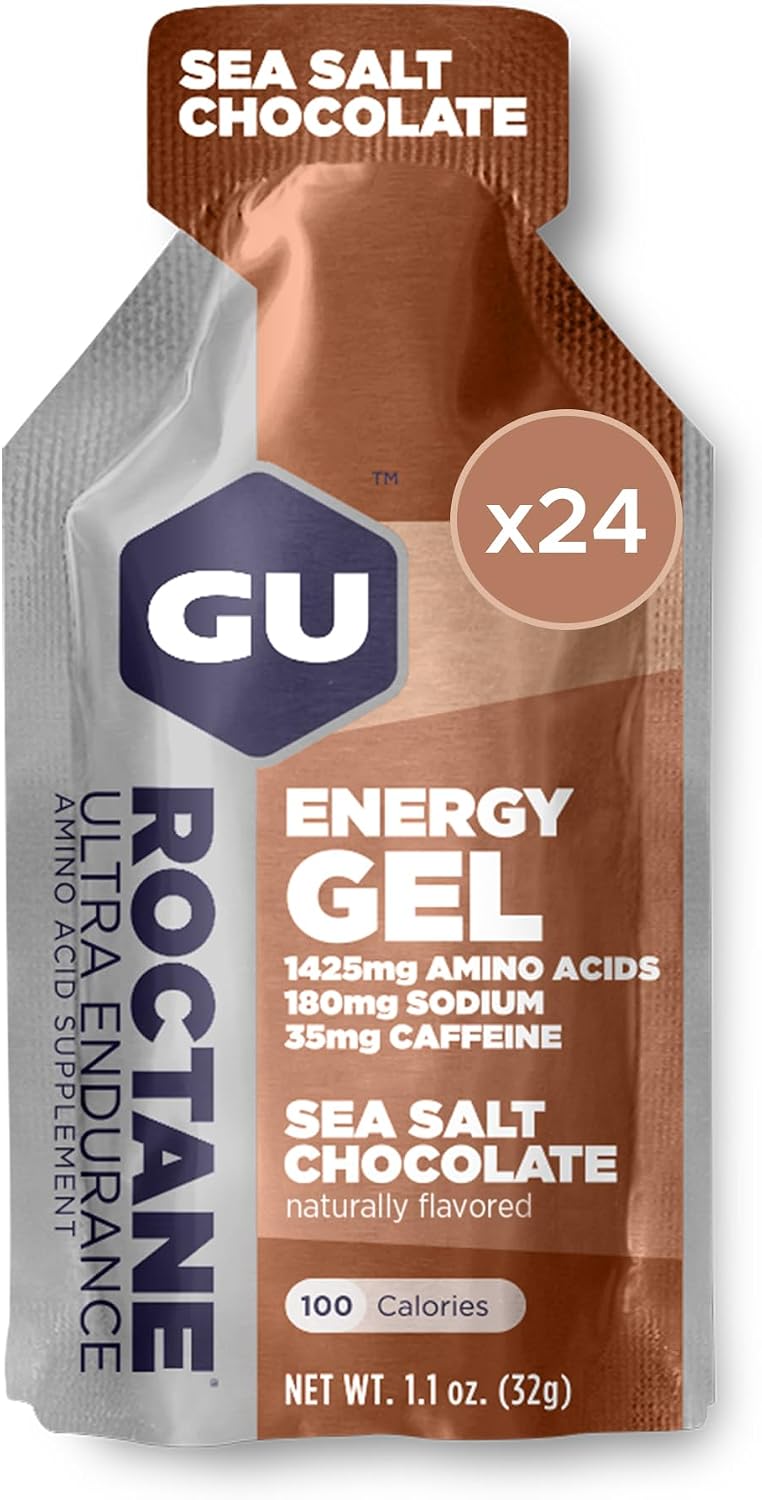 GU Energy Roctane Ultra Endurance Energy Gel, Vegan, Gluten-Free, Kosher, and Dairy-Free On-The-Go Sports Nutrition for Running, Biking, Hiking or Skiing, Sea Salt Chocolate, 24-Count