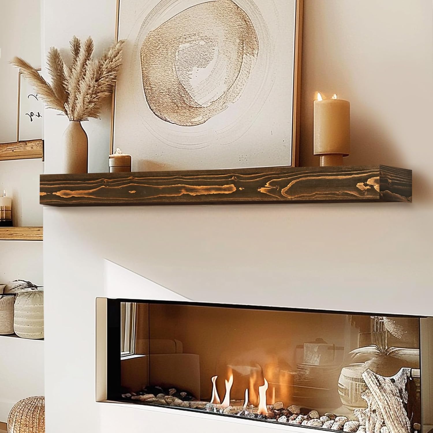 48x8x3 Fireplace Mantel - Handcrafted Hollow Rustic Solid Wood Wall Mounted Floating Shelf with Invisible Heavy Duty Wood Bracket (Weathered Brown)