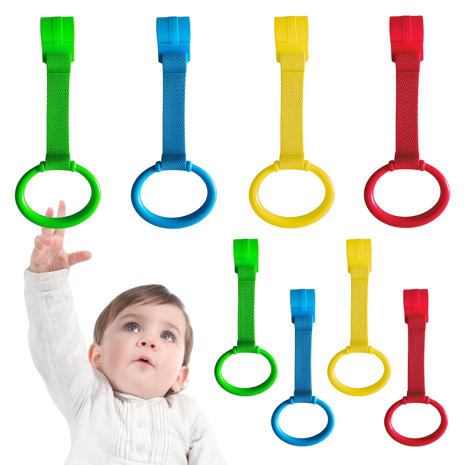 8Pcs Baby Playpen Pull up Rings, Premium Baby Pull up Rings for Play Pen Standing up, Plastic Safety Walking Exercises Assistant Rings for Infants Babies Toddler, 4 Colors.