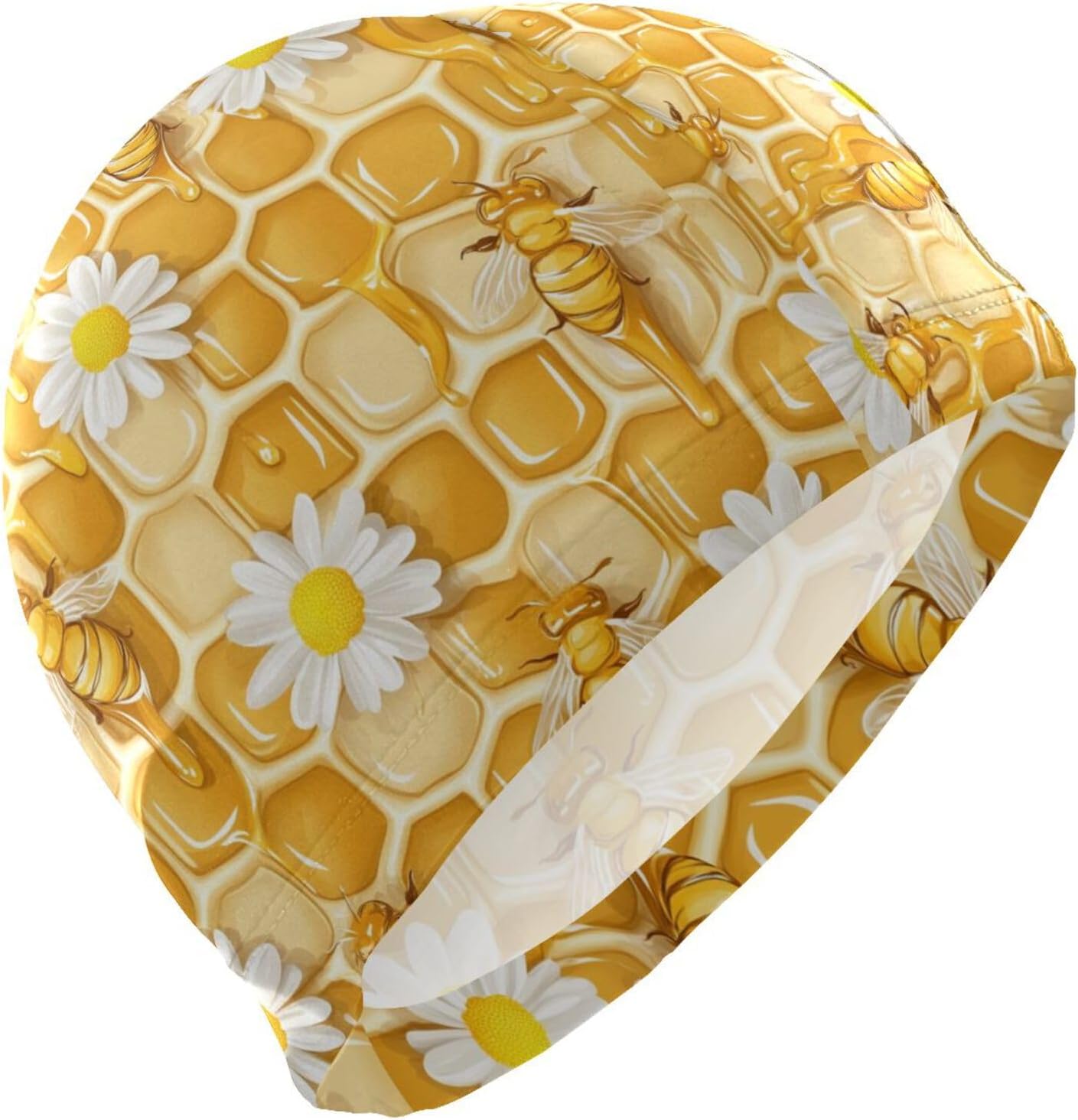 Honeycomb Background with Bees and Daisies Women Swim for Bald Short Hair Waterproof Large Swim for Women Hair Protection and Drag Reduction Gorro para Nadar