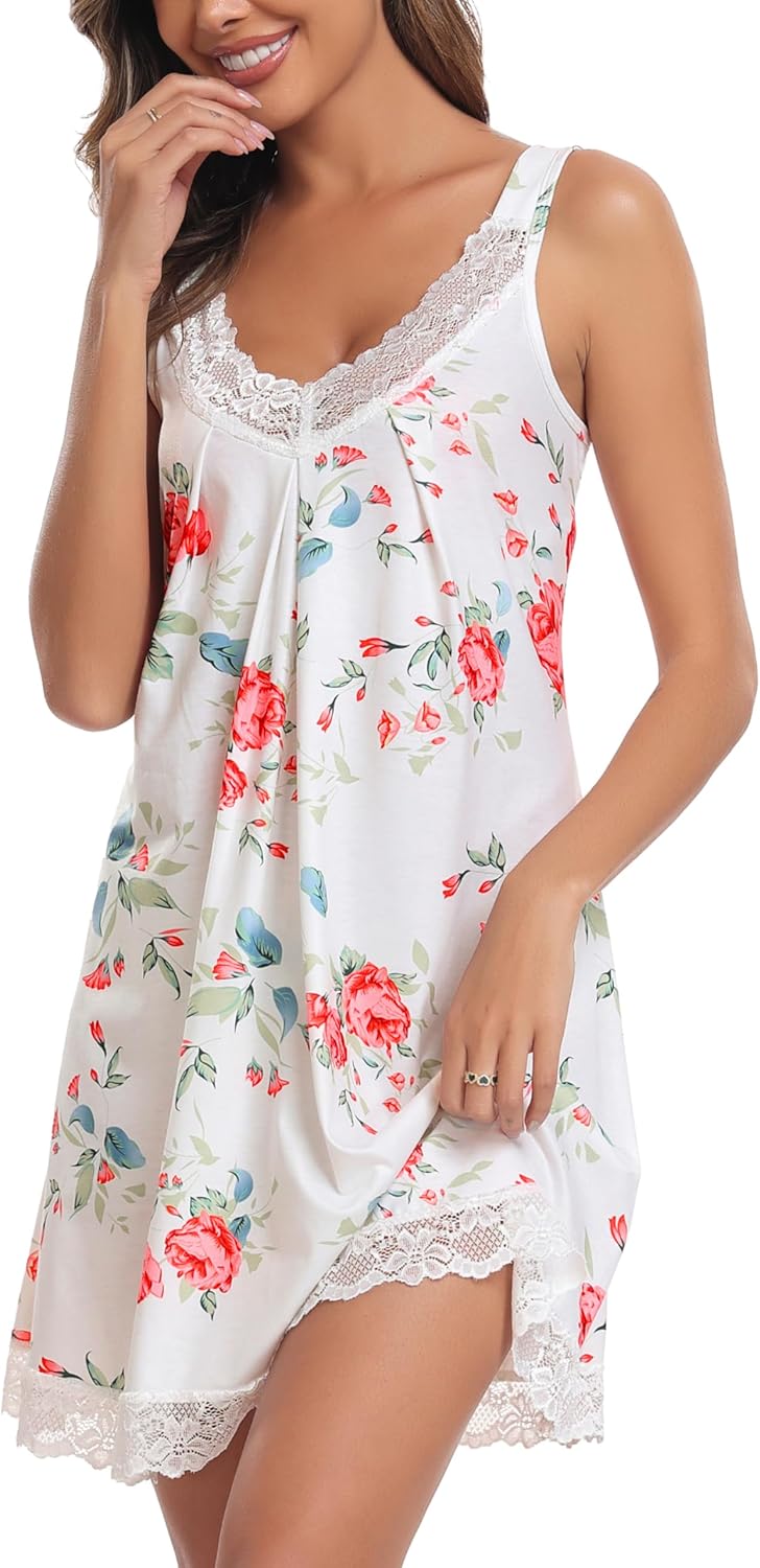 Lovasy Nighties for Women Soft Ladies Nightdresses Loose Chemise Night Dress with Lace
