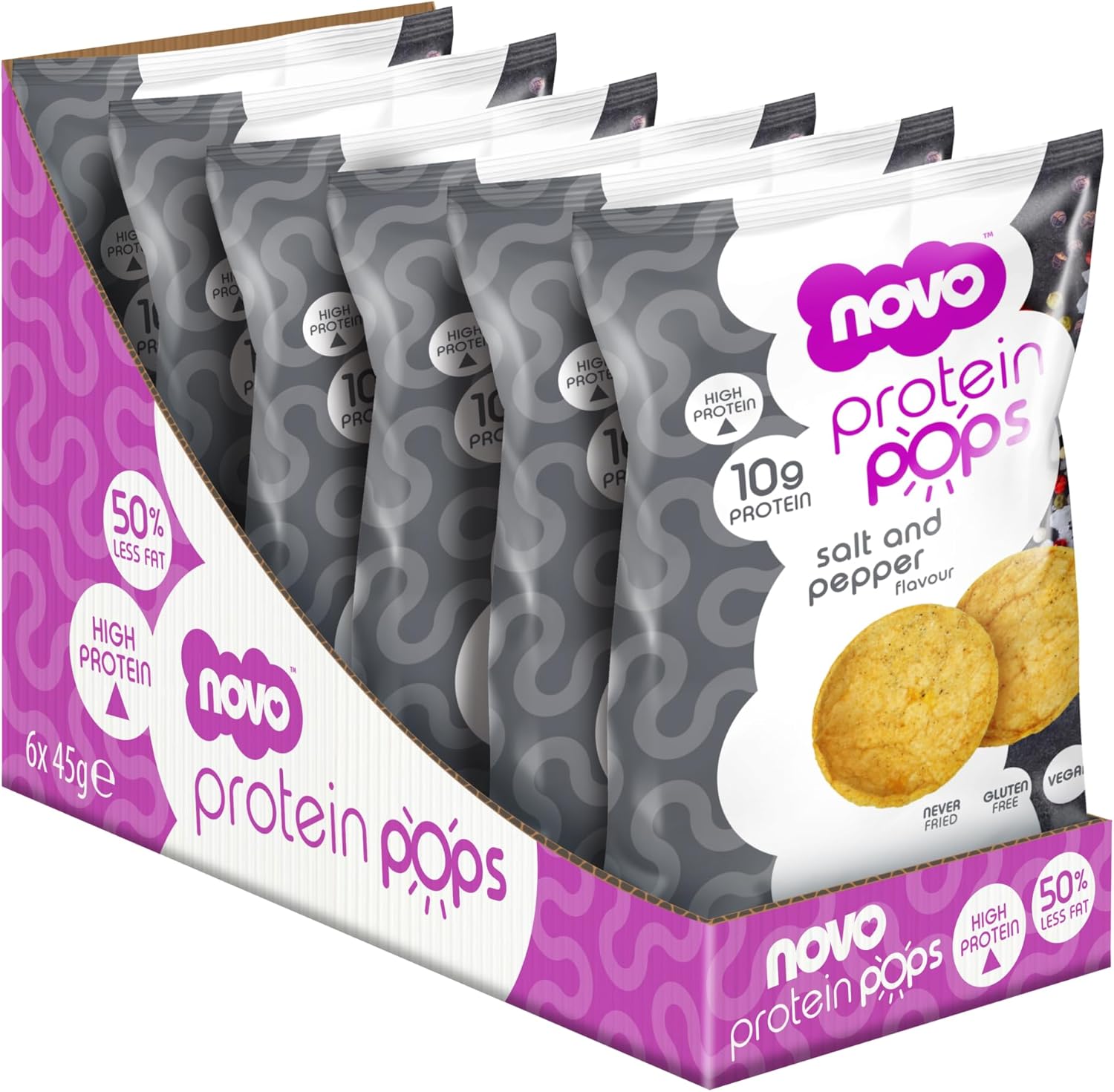 Novo Nutrition | Protein Pops | Healthy Savoury Snack with High Protein, Low Sugar and High Fibre | Pack of 6 x 45g (Salt and Pepper)