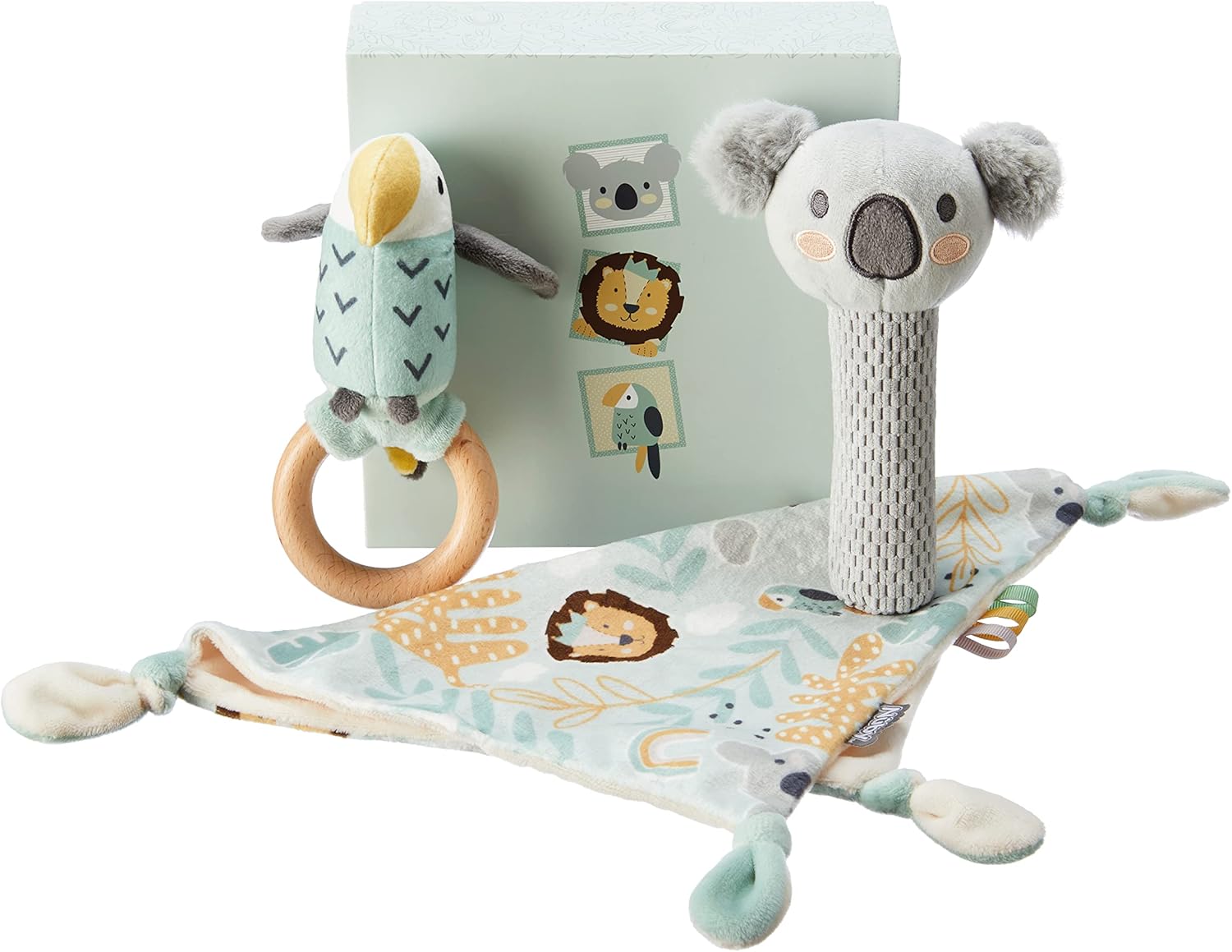 Nuby Animal Adventures Baby Gift Set – 3-Piece Keepsake | Comforter, Squeaker & Rattle | Box Included | Suitable from Birth, Multicolour, One Size
